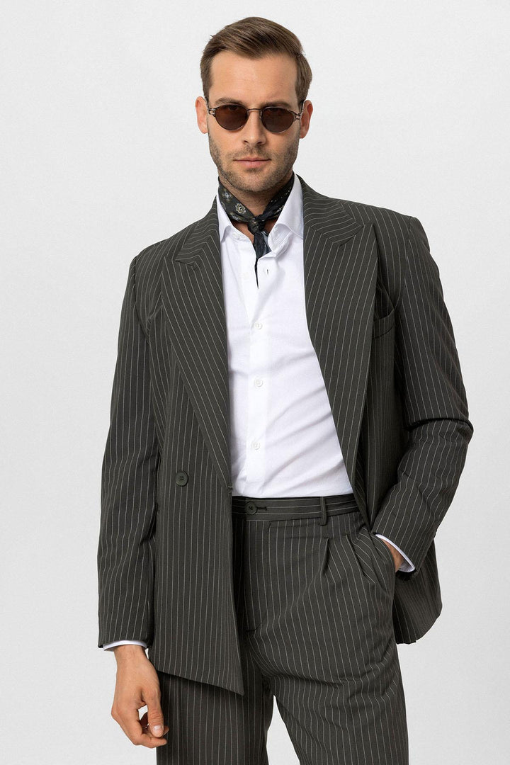 ANT Antioch Khaki Cross Closure Striped Men's Blazer Jacket - Metz