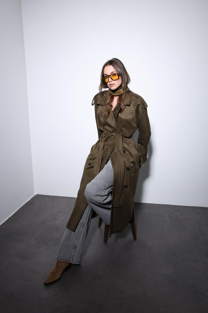 ANT Antioch Khaki Crossover Suede-Look Premium Women's Trench Coat - Toulouse