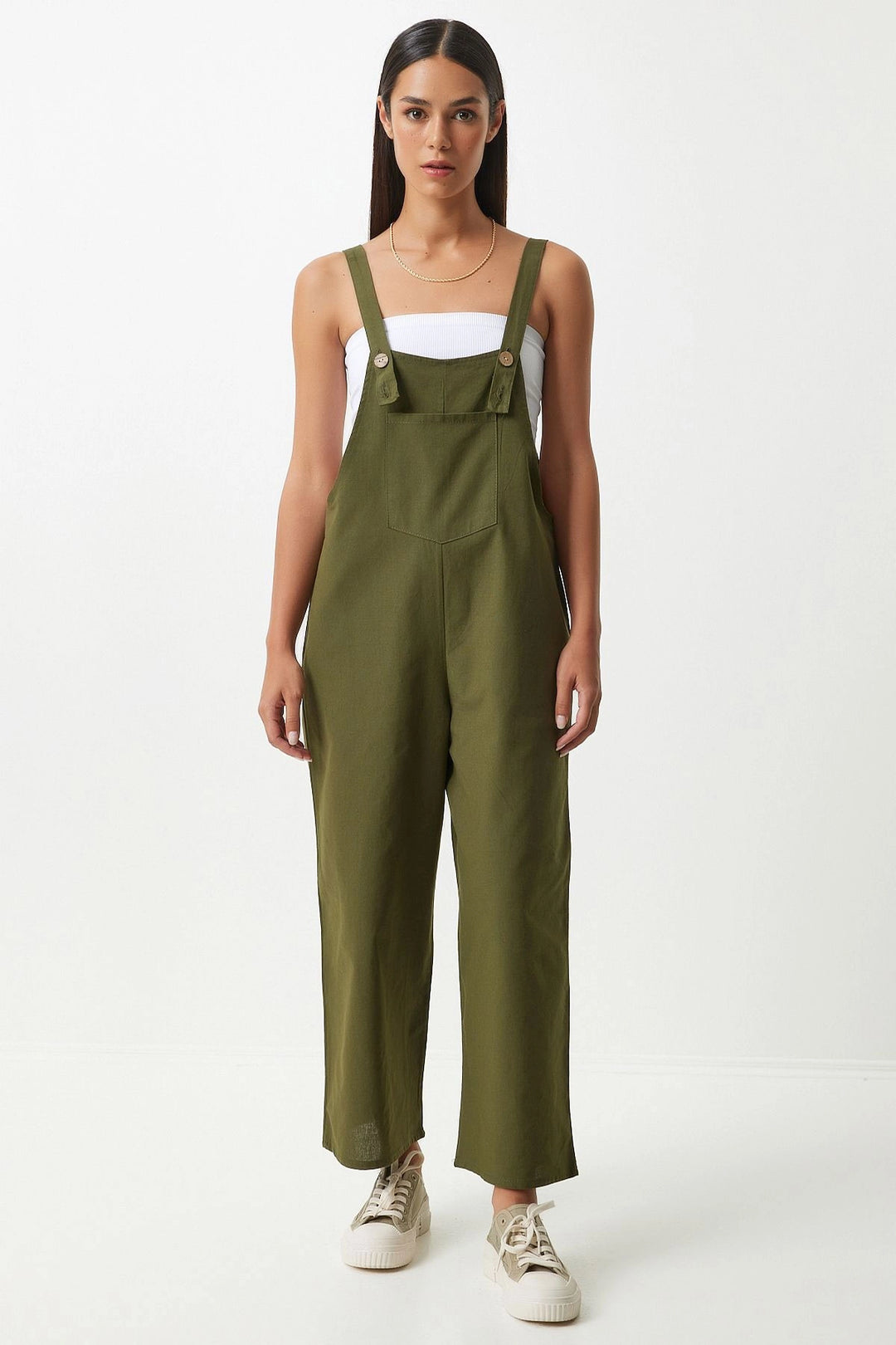 Haki Front Pocketed Strapped Summer Gabardine Gardener Jumpsuit - Fair Lawn