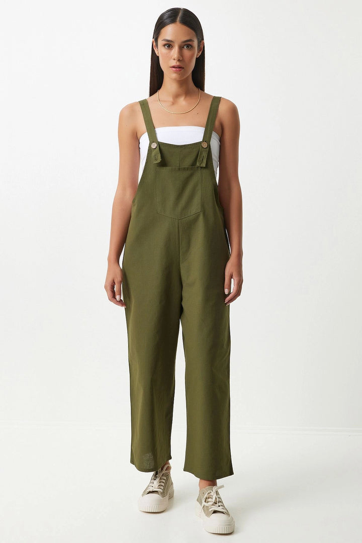 Haki Front Pocketed Strapped Summer Gabardine Gardener Jumpsuit - Fair Lawn