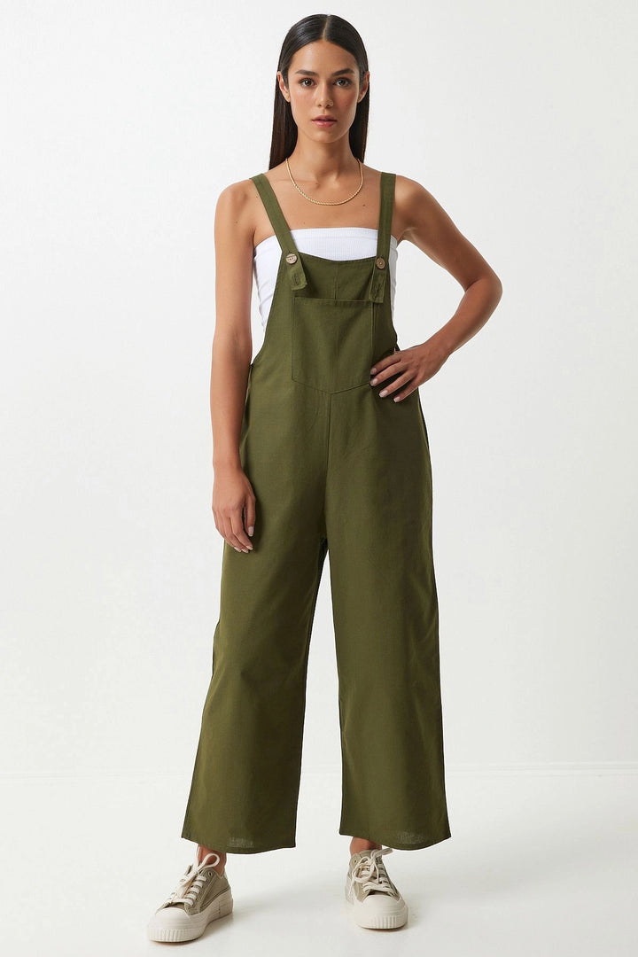 Haki Front Pocketed Strapped Summer Gabardine Gardener Jumpsuit - Fair Lawn