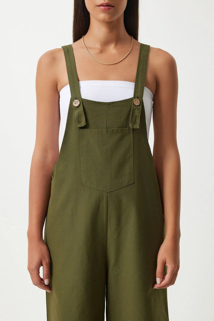 Haki Front Pocketed Strapped Summer Gabardine Gardener Jumpsuit - Fair Lawn