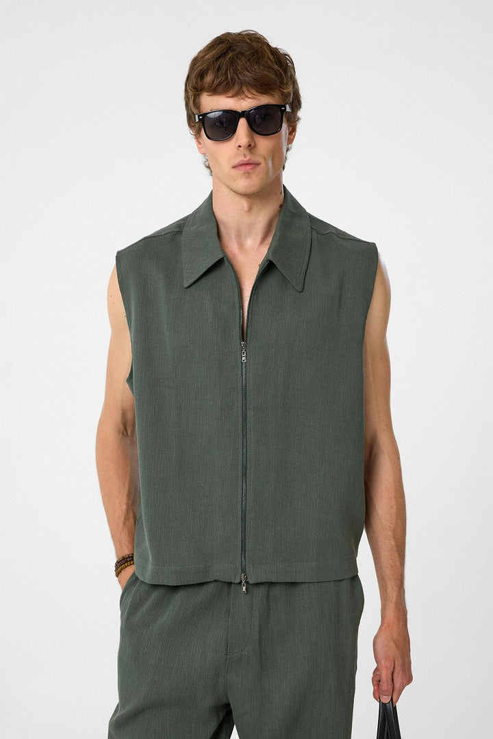 ANT Antioch Haki Polo Neck Textured Men's Vest - Orem