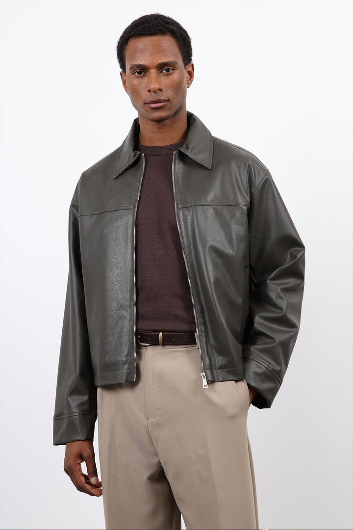 ANT Antioch Haki Relax Fit Erkek Deri Mont - Assen