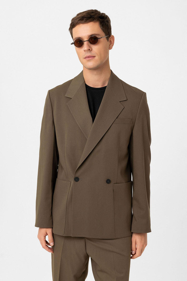 ANT Antioch Haki Relax Fit Double Breasted Closure Men's Technical Blazer Jacket - Tlalmanalco