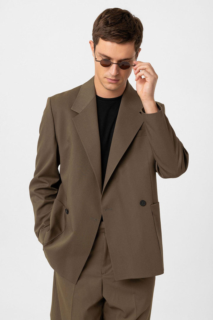 ANT Antioch Haki Relax Fit Double Breasted Closure Men's Technical Blazer Jacket - Tlalmanalco