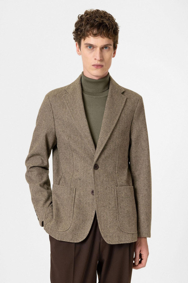 ANT Antioch Haki Slim Fit Balıksırtı Desenli Erkek Blazer Ceket - Charleroi