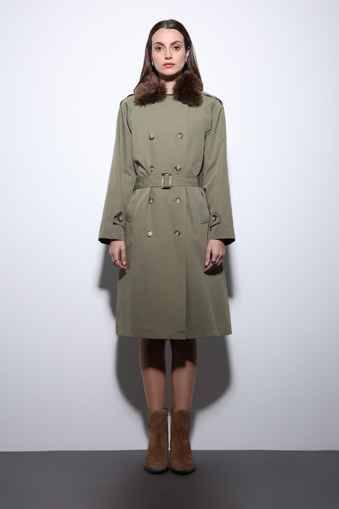 ANT Antioch Beige Faux Fur Collar Women's Trench Coat - St. Albert