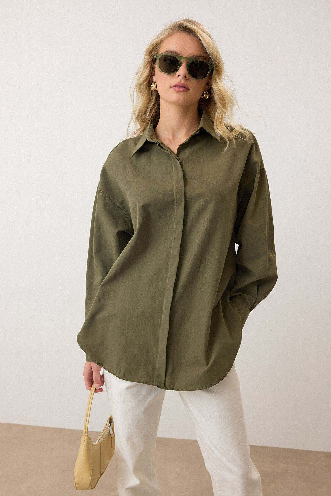 Haki Uzun Kollu Oversize Poplin Gömlek - Oakville