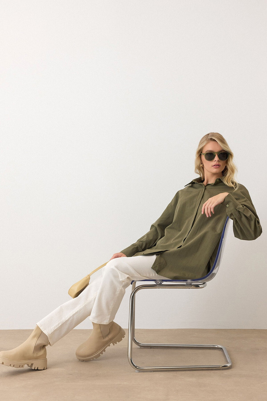 Haki Uzun Kollu Oversize Poplin Gömlek - Oakville