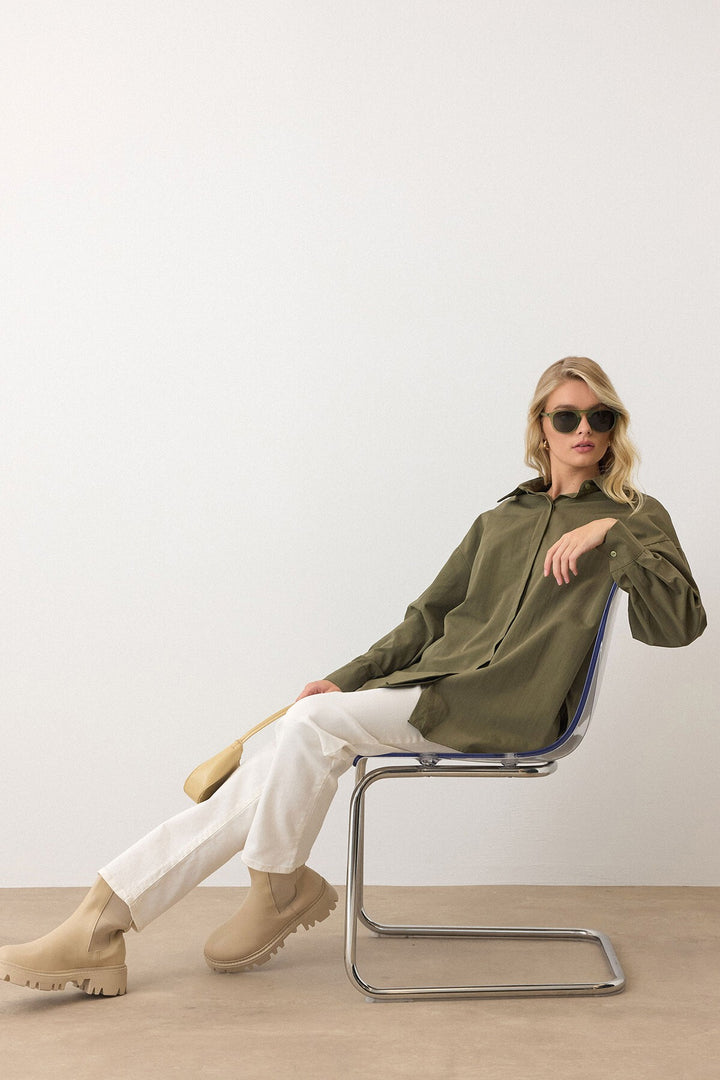 Haki Uzun Kollu Oversize Poplin Gömlek - Oakville