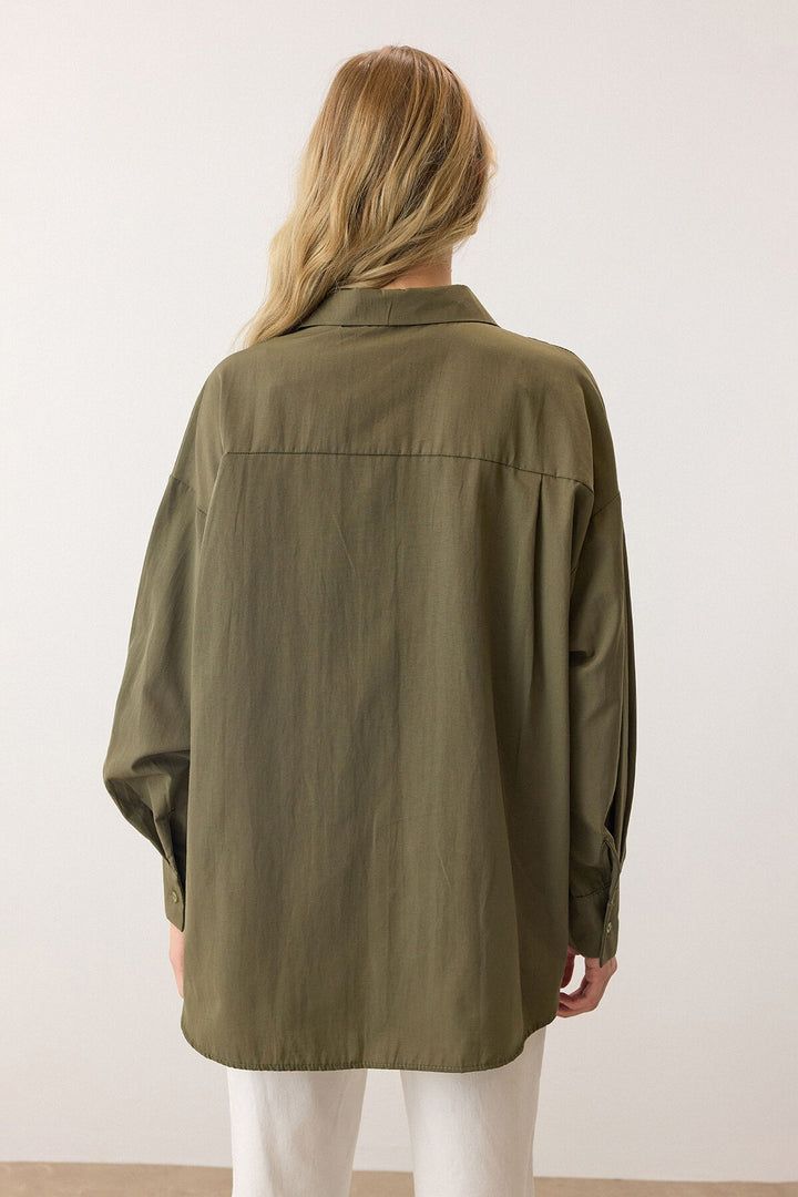 Haki Uzun Kollu Oversize Poplin Gömlek - Oakville