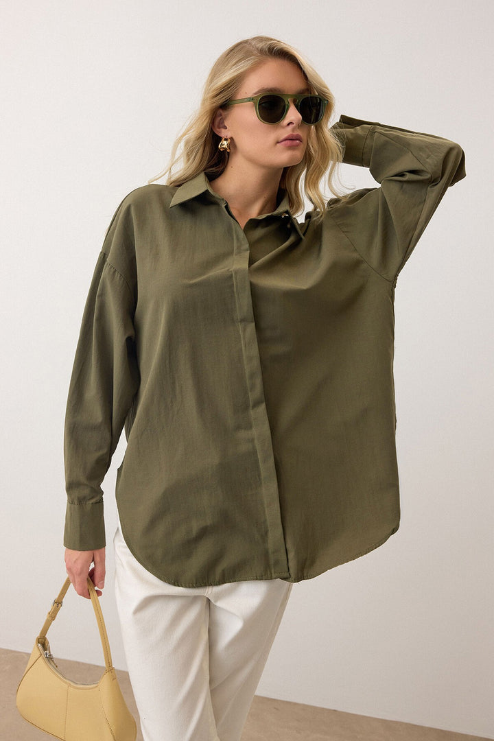 Haki Uzun Kollu Oversize Poplin Gömlek - Oakville