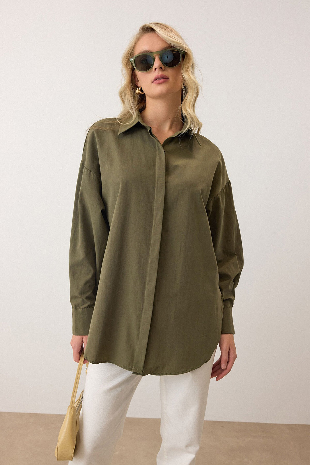 Haki Uzun Kollu Oversize Poplin Gömlek - Oakville