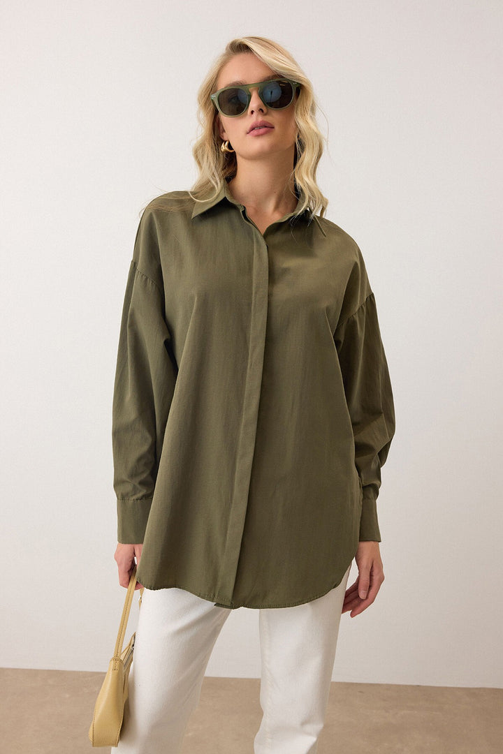 Haki Uzun Kollu Oversize Poplin Gömlek - Oakville