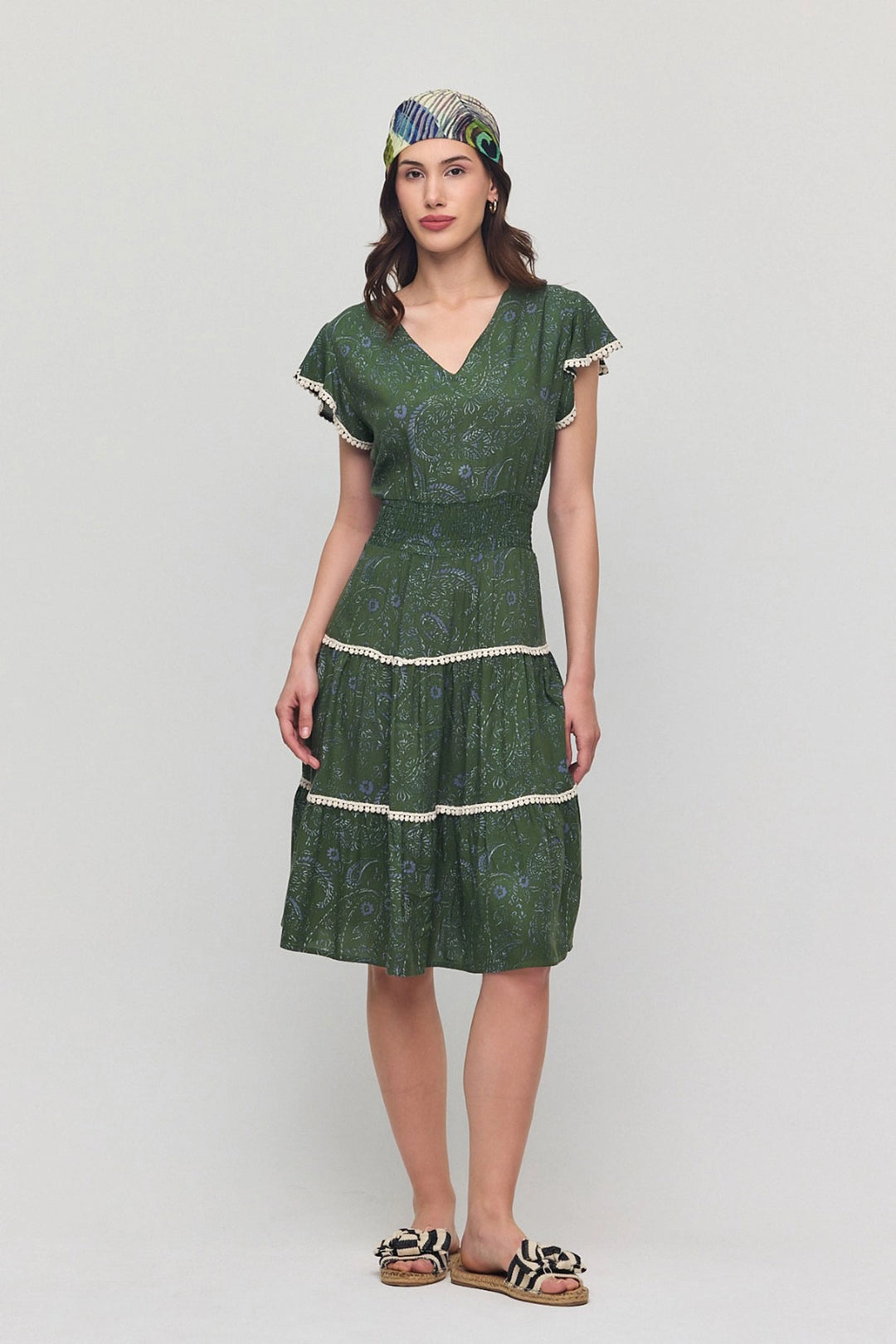 Haki V-Neck Ruffled Floral Patterned Summer Viscose Dress BCVL-25V054 - Stretford