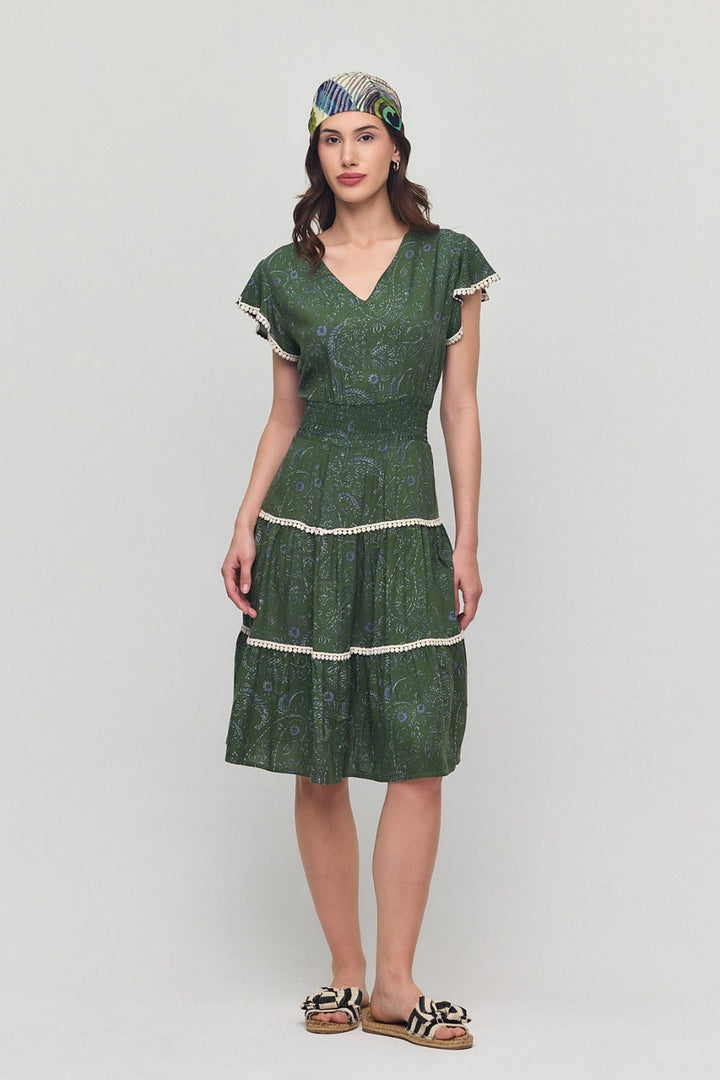 Haki V-Neck Ruffled Floral Patterned Summer Viscose Dress BCVL-25V054 - Stretford