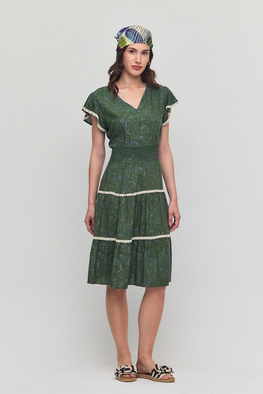 Haki V-Neck Ruffled Floral Patterned Summer Viscose Dress BCVL-25V054 - Stretford