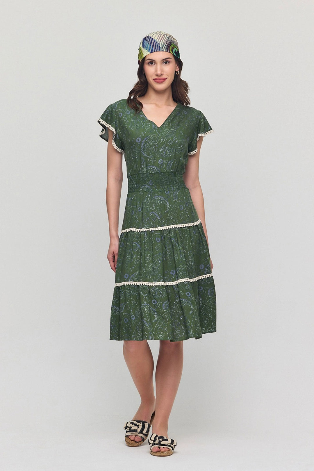 Haki V-Neck Ruffled Floral Patterned Summer Viscose Dress BCVL-25V054 - Stretford