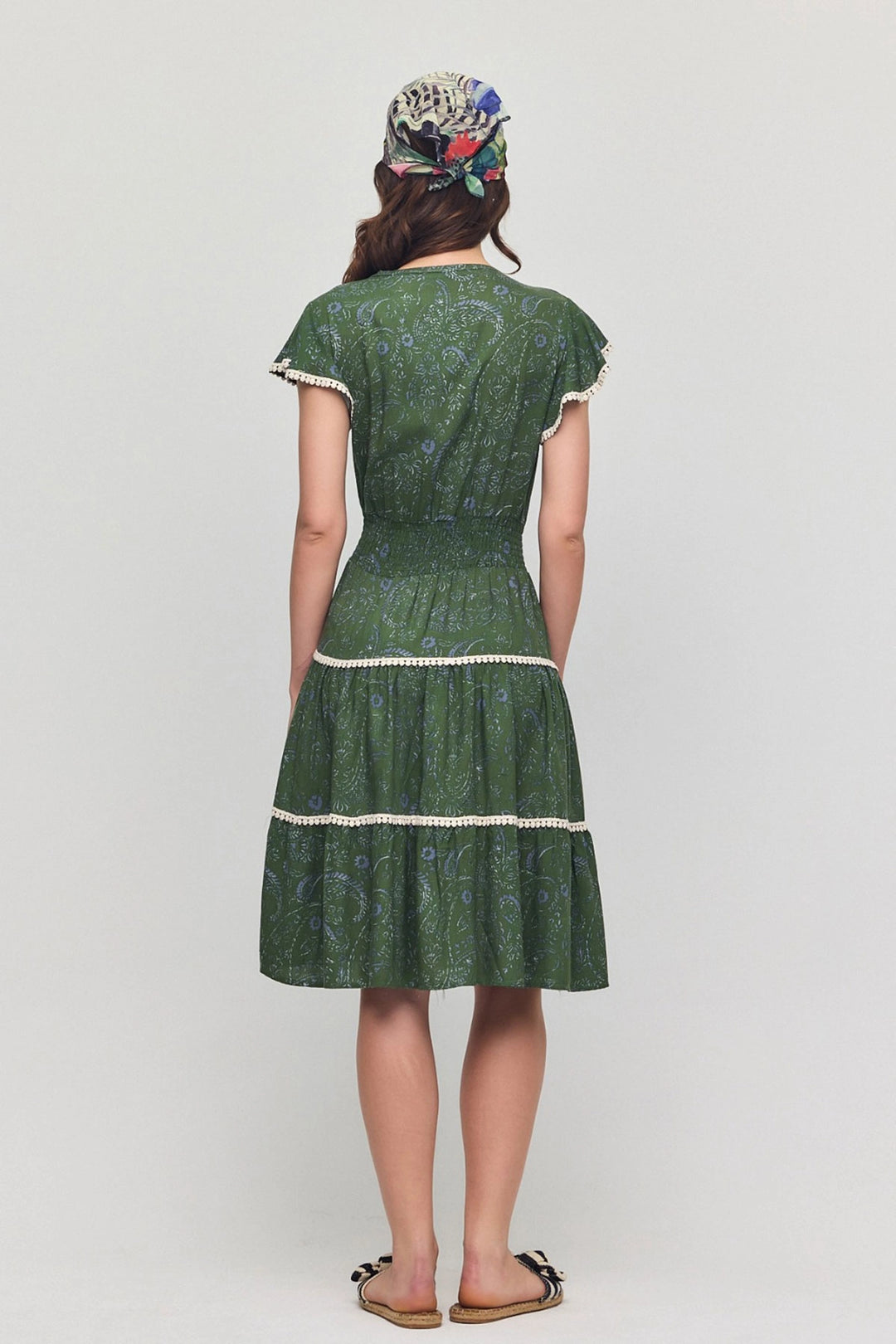 Haki V-Neck Ruffled Floral Patterned Summer Viscose Dress BCVL-25V054 - Stretford