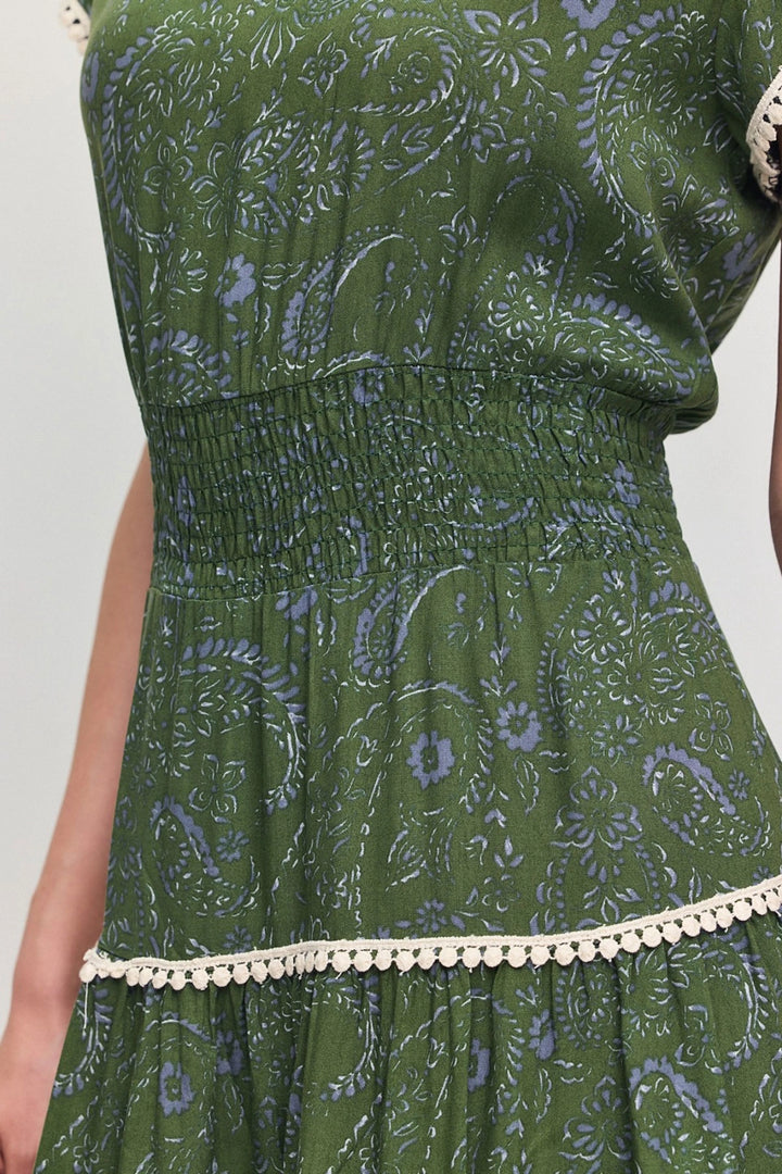 Haki V-Neck Ruffled Floral Patterned Summer Viscose Dress BCVL-25V054 - Stretford