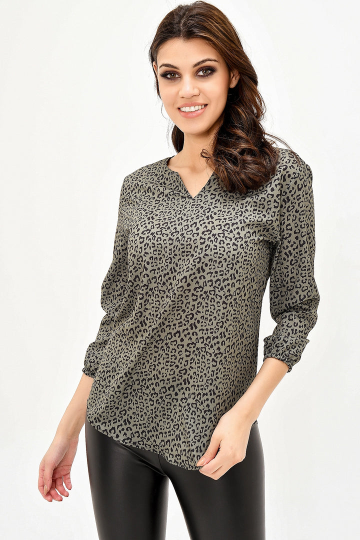 Crepe Blouse with V-neck and Slit BCBSK-25700-2841 - Ponferrada