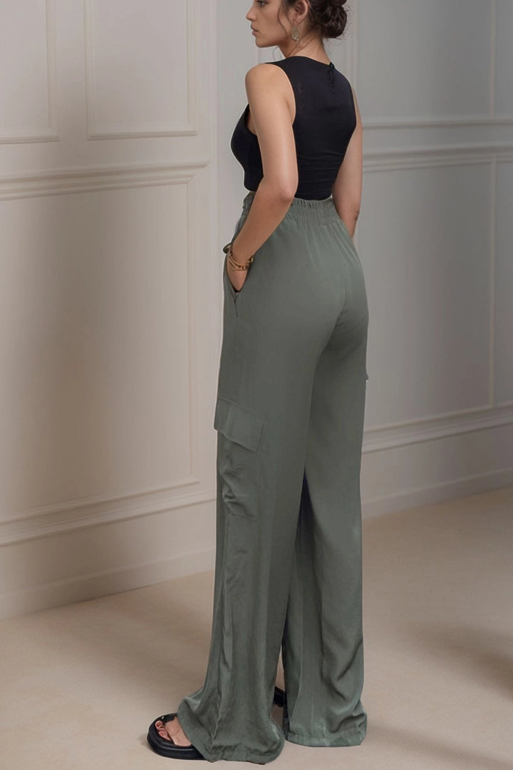 Haki Side Pocket Elastic Waist Wide Leg Baggy Pants BCBSK-25700-3600 - Bari