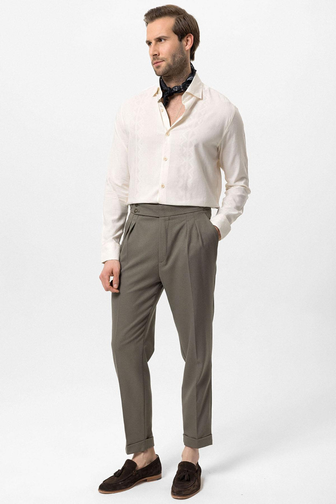 ANT Antioch Haki Yüksek Bel Yandan Tokalı Pileli Kumaş Pantolon - Fair Lawn