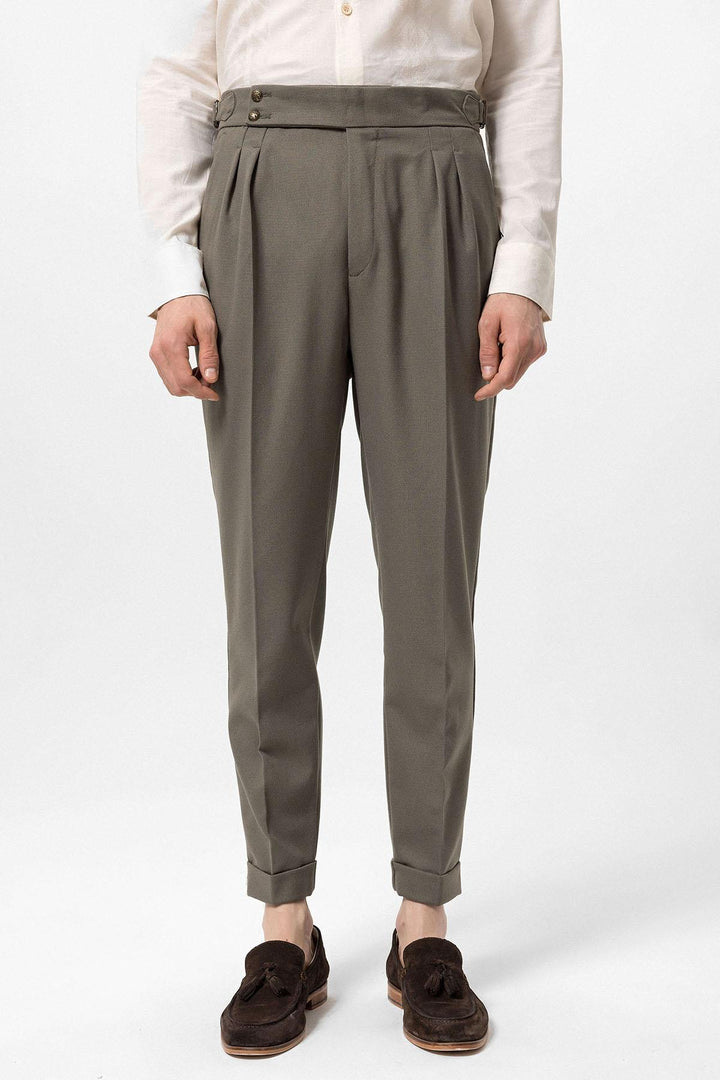 ANT Antioch Haki Yüksek Bel Yandan Tokalı Pileli Kumaş Pantolon - Fair Lawn