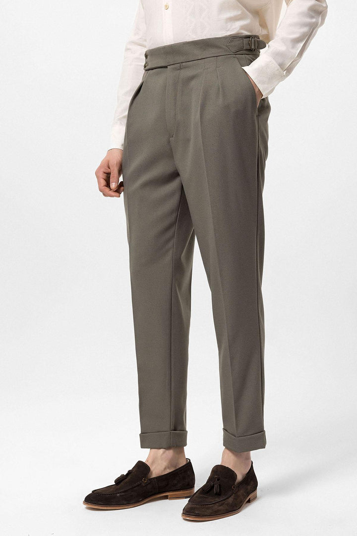 ANT Antioch Haki Yüksek Bel Yandan Tokalı Pileli Kumaş Pantolon - Fair Lawn