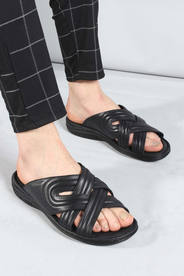 FST Genuine Leather Men's Flat Slippers 952MA141 Black - Dresden