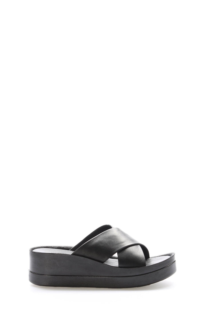FST Genuine Leather Women's Platform Heel Slippers 972ZA1403 Black - Gondomar
