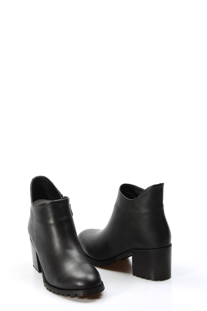 FST Genuine Leather Women's Short Heeled Boot 064SZA907 Black - Thun
