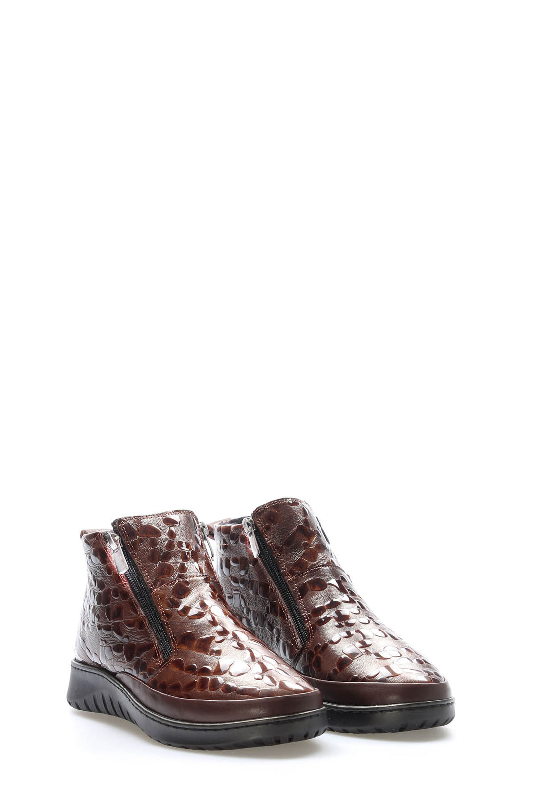 FST Genuine Leather Women's Short Heeled Boot 972SZA7560 Tan Crocodile - Como