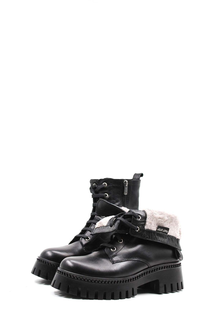 FST Genuine Leather Fur-Lined Women's Thick Sole Boot 010KZA8370 Black - Namur