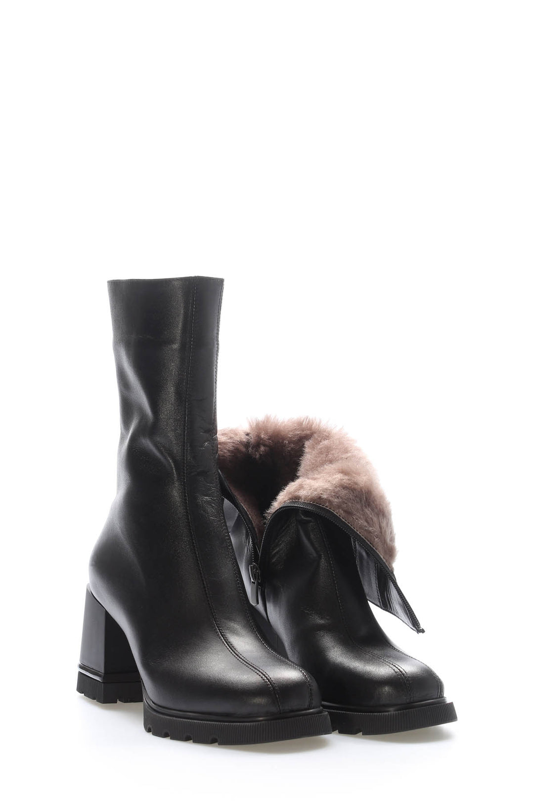 FST Genuine Leather Fur-Lined Women's Thick Heeled Boot 201KZA08 Black - Nuevo Laredo
