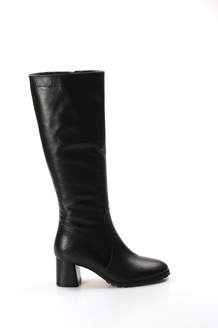 FST Genuine Leather Fur-Lined Women's Thick Heel Boots 064KZA998 Black - Barri