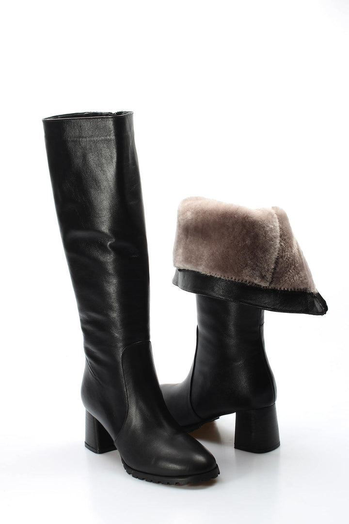 FST Genuine Leather Fur-Lined Women's Thick Heel Boots 064KZA998 Black - Barri