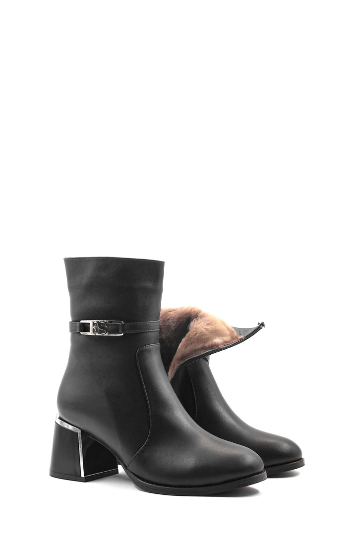 FST Genuine Leather Fur-Lined Women's Short Heeled Boot 064KZA260 Black - Streamwood