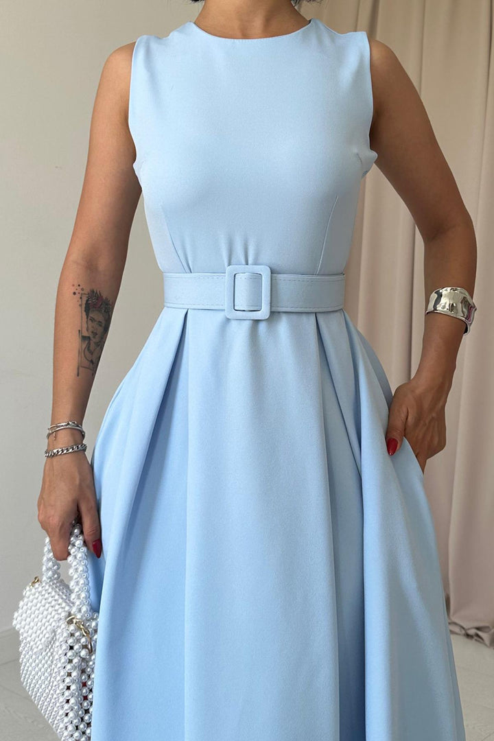 ELS Halter Neck Flared Dress - Baby Blue - Wellington