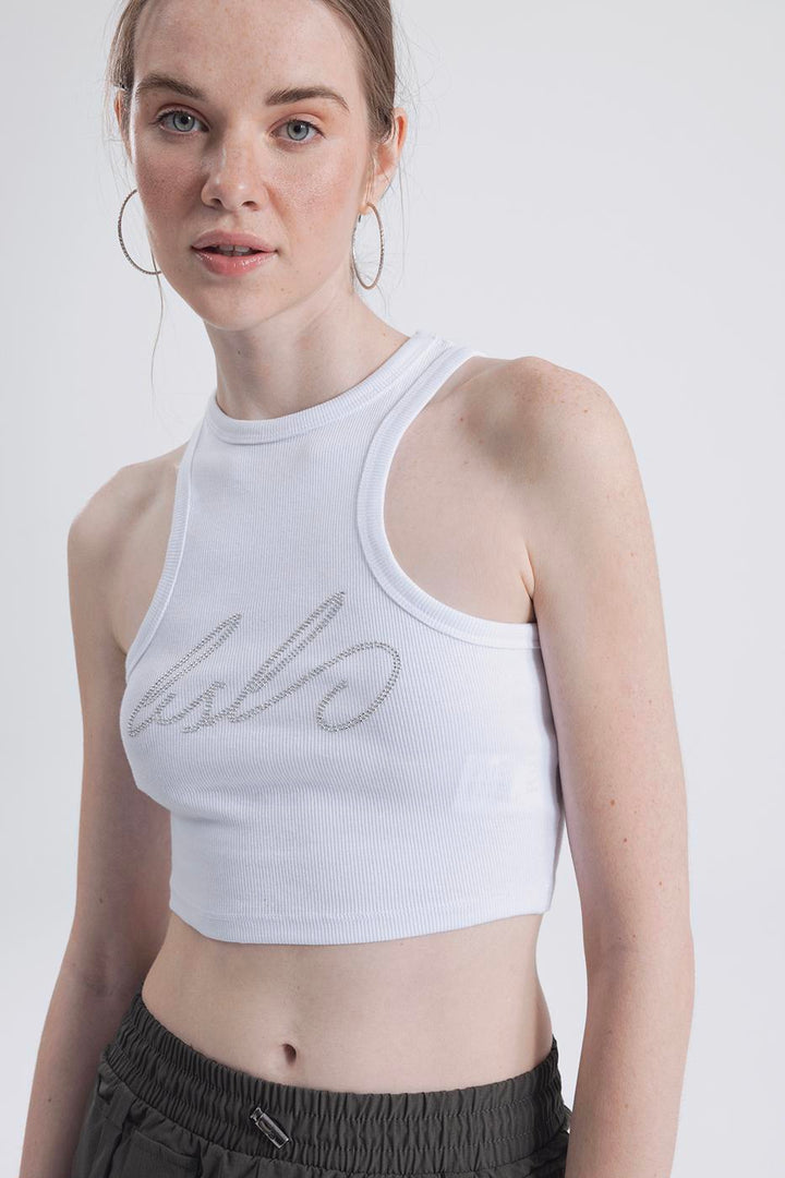 BSL Women Halter Neck Rhinestone Printed Top - Baden-Baden