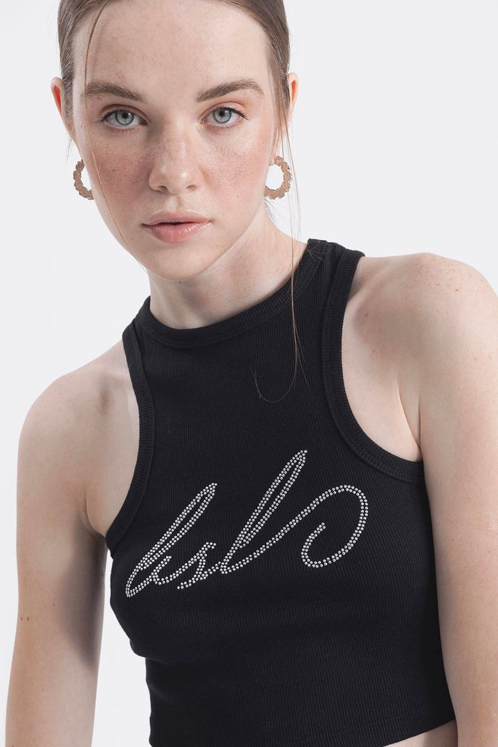 BSL Women Halter Neck Rhinestone Printed Top - Waiblingen