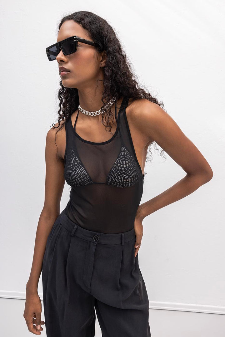 BSL Women Halter Neck Tulle Bodysuit - Coburg