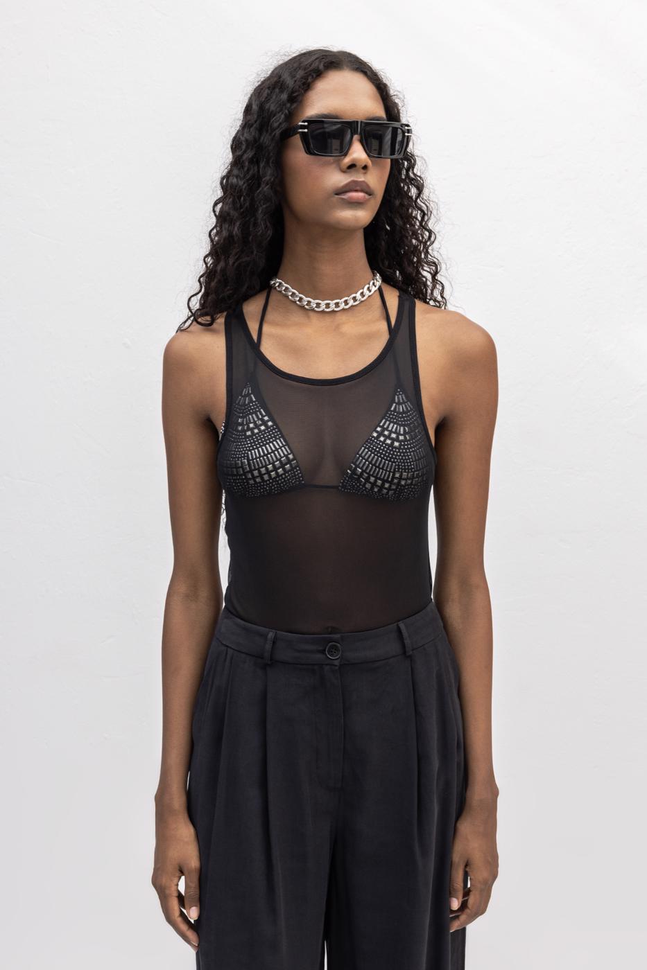 BSL Women Halter Neck Tulle Bodysuit - Coburg
