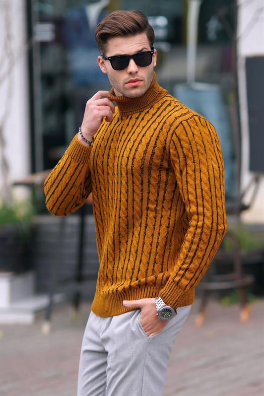 MDX Mustard Fisherman Collar Sweater with Knit Details 6317 - Yorktown