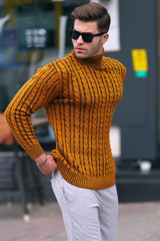 MDX Mustard Fisherman Collar Sweater with Knit Details 6317 - Yorktown