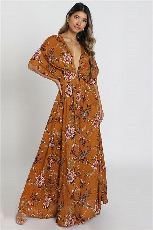 MDX Mustard Patterned Slit Detail Long Dress MG1698 - Aliso Viejo
