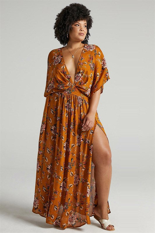 MDX Mustard Patterned Slit Detail Long Dress MG1698 - Aliso Viejo