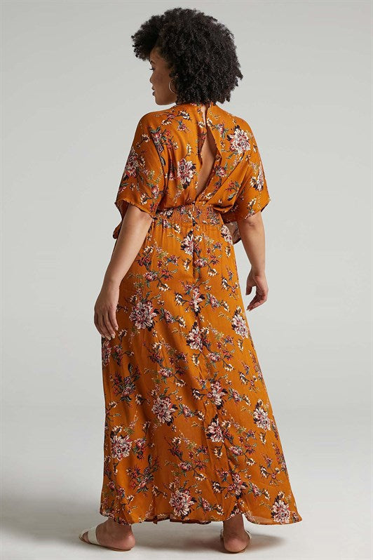 MDX Mustard Patterned Slit Detail Long Dress MG1698 - Aliso Viejo