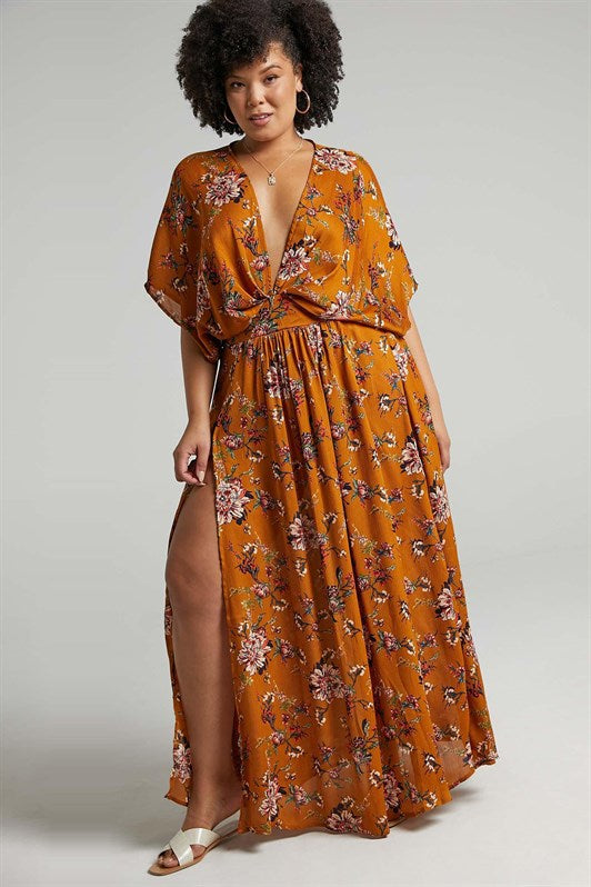 MDX Mustard Patterned Slit Detail Long Dress MG1698 - Aliso Viejo